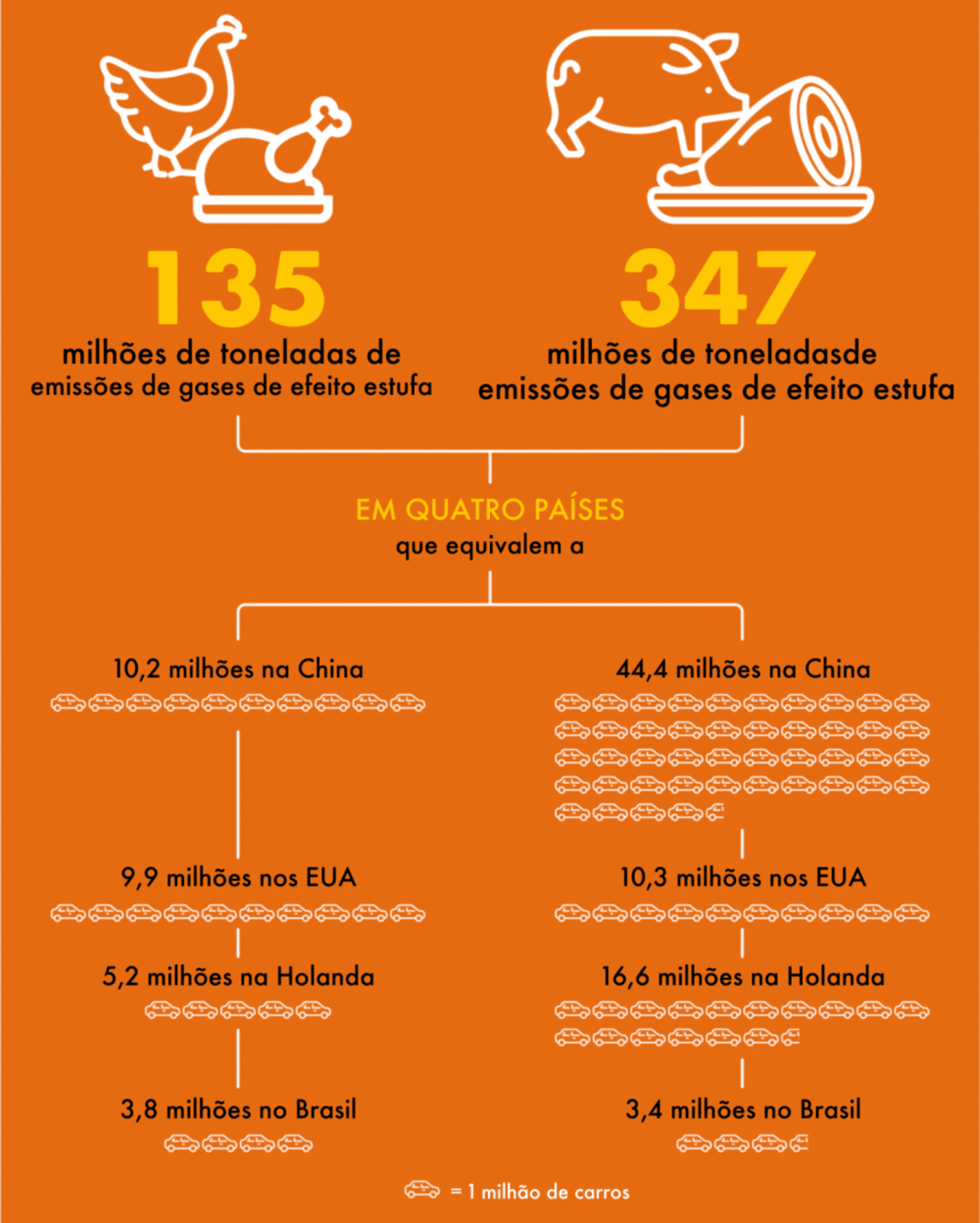 Infográfico com o fundo laranja mostra a relação da criação industrial intensiva de porcos e frangos na emissão de carbono. Conteúdo revela que, somando os dois, a emissão de gases do efeito estufa em quatro países (Brasil, China, Estados Unidos e Holanda) equivale a 1milhão de carros na estrada por 1 ano.