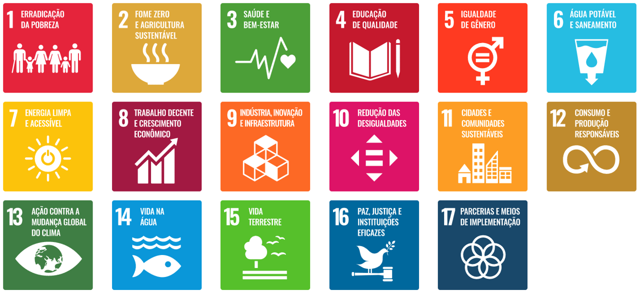Lista com os 17 Objetivos de Desenvolvimento Sustentável no Brasil da ONU