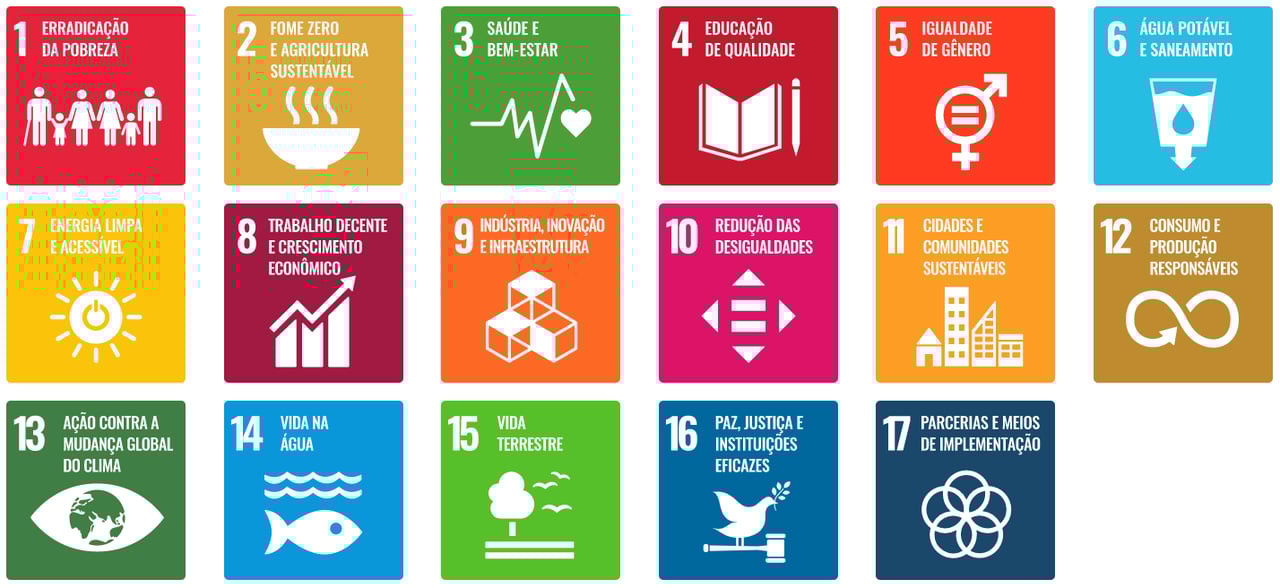 Lista com os 17 Objetivos de Desenvolvimento Sustentável no Brasil da ONU