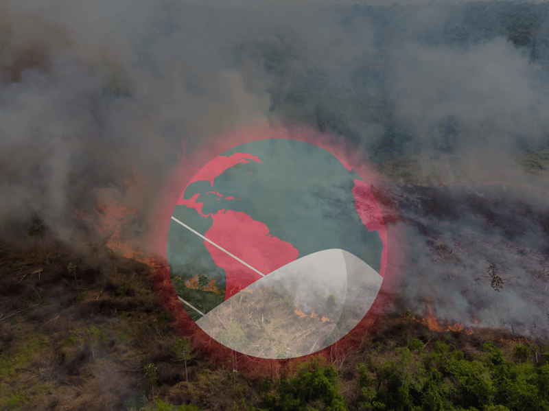 Queimadas na Amazônia ao fundo com uma imagem ilustrada do planeta Terra com uma máscara de proteção