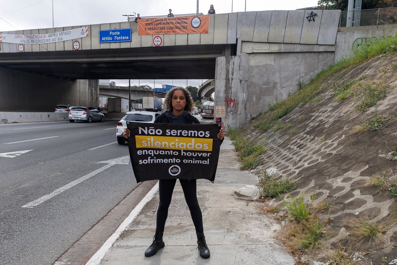 Ativista abaixo da Ponte Atílio Fontana, na Marginal Tietê, com banner "Não seremos silenciados enquanto houver sofrimento animal"