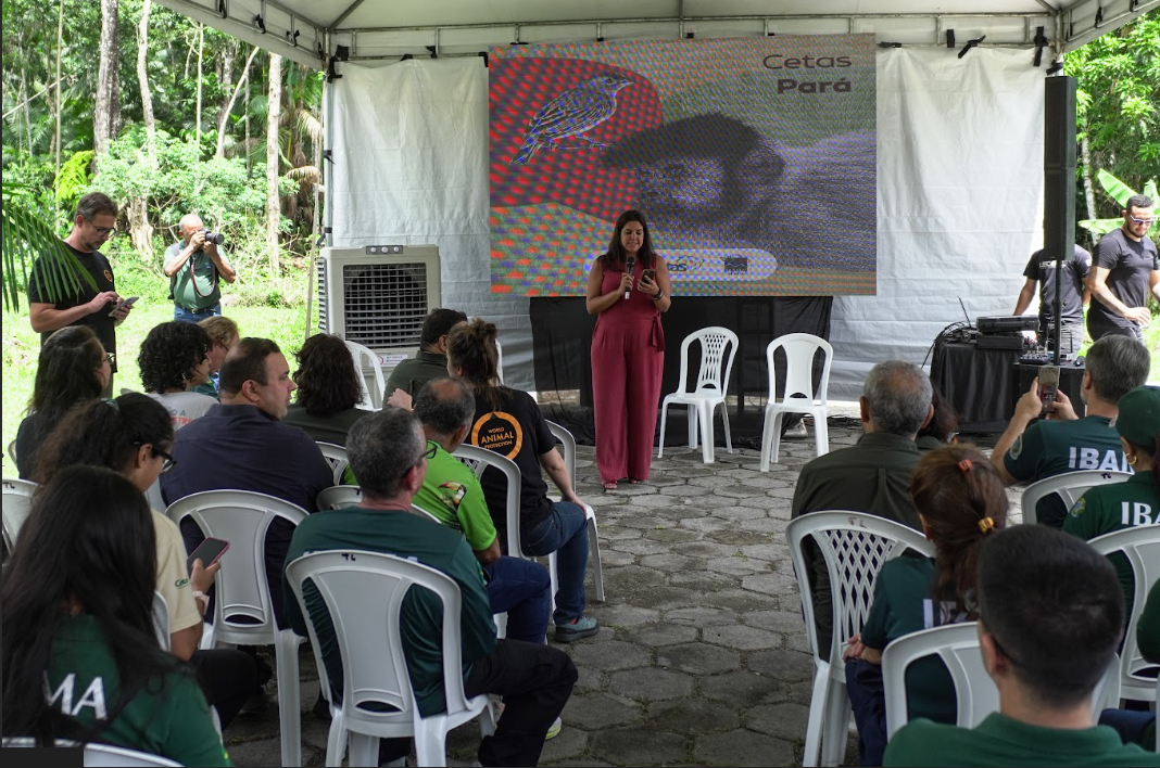 pessoas sentadas em na plateia e uma mulher falando ao microfone