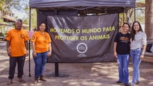 Voluntários em Tiradentes, Minas Gerais, posam para foto em frente ao stand do Ponto Animal. Do lado esquerdo para o direito, estão Cosme Alves - um homem negro, com cabelos grisalhos e óculos de graus -, Thayna do Reis André - uma mulher branca, de cabelos castanhos -, Polyana Abrantes - uma mulher branca, de estatura baixa e morena - e Thais Andressa - também uma mulher branca de cabelos castanhos. Ao fundo, tem um banner com a identidade visual da Proteção Animal Mundial com o escrito "Movemos o mundo para proteger os animais"