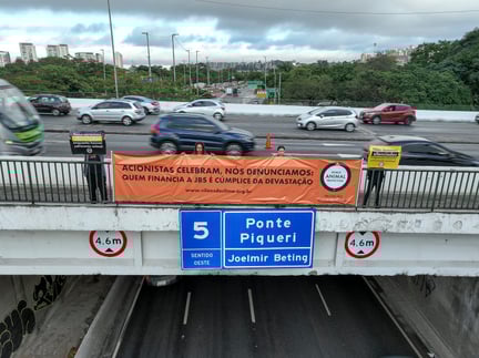 Ativistas seguram banners na Ponte Piqueri, na Marginal Tietê, em São Paulo. Banners dizem: "Acionistas celebram, nós denunciamos: quem financia é cúmplice da devastação" e "Não seremos silenciados enquanto houver sofrimento animal".