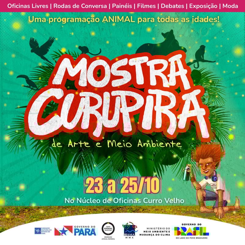 uma imagem com um letreiro Mostra Curupira e várias ilustrações de bichos