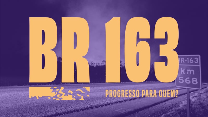 A imagem de fundo mostra uma parte da BR-163, com a floresta sendo queimada ao fundo. Em cima da imagem, há uma camada de cor roxa e o lettering BR-163: Progresso para quem? em amarelo.
