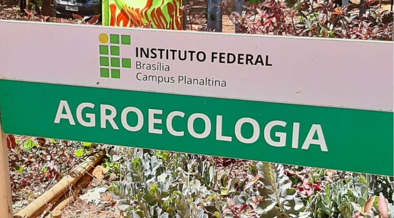 transição justa: imagem de uma placa escrito agroecologia na entrada de uma área ecológica