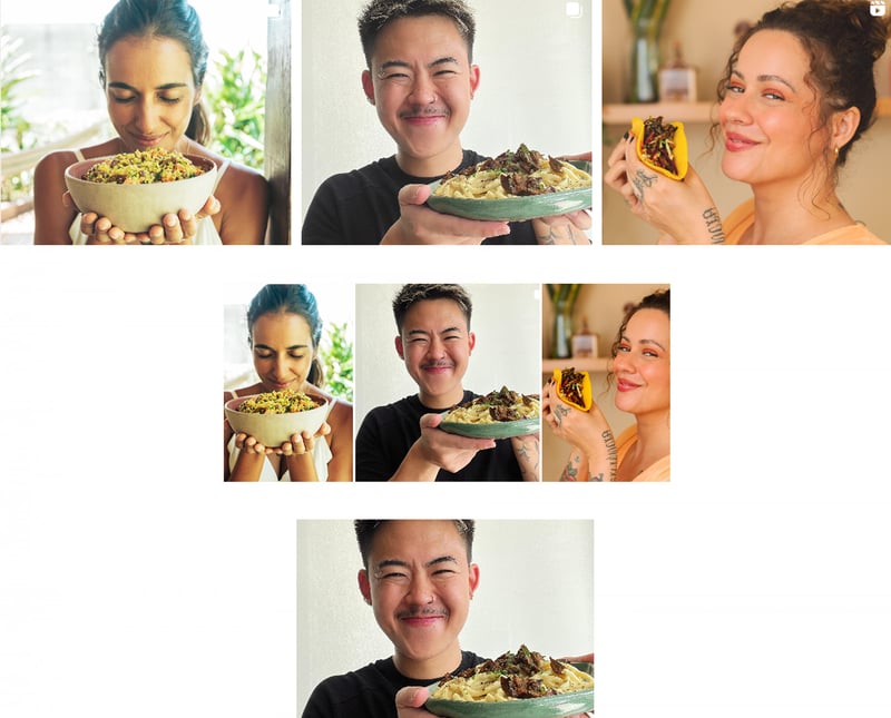 Montagem de fotos tem 3 influenciadores segurando pratos de comida vegetarianas.